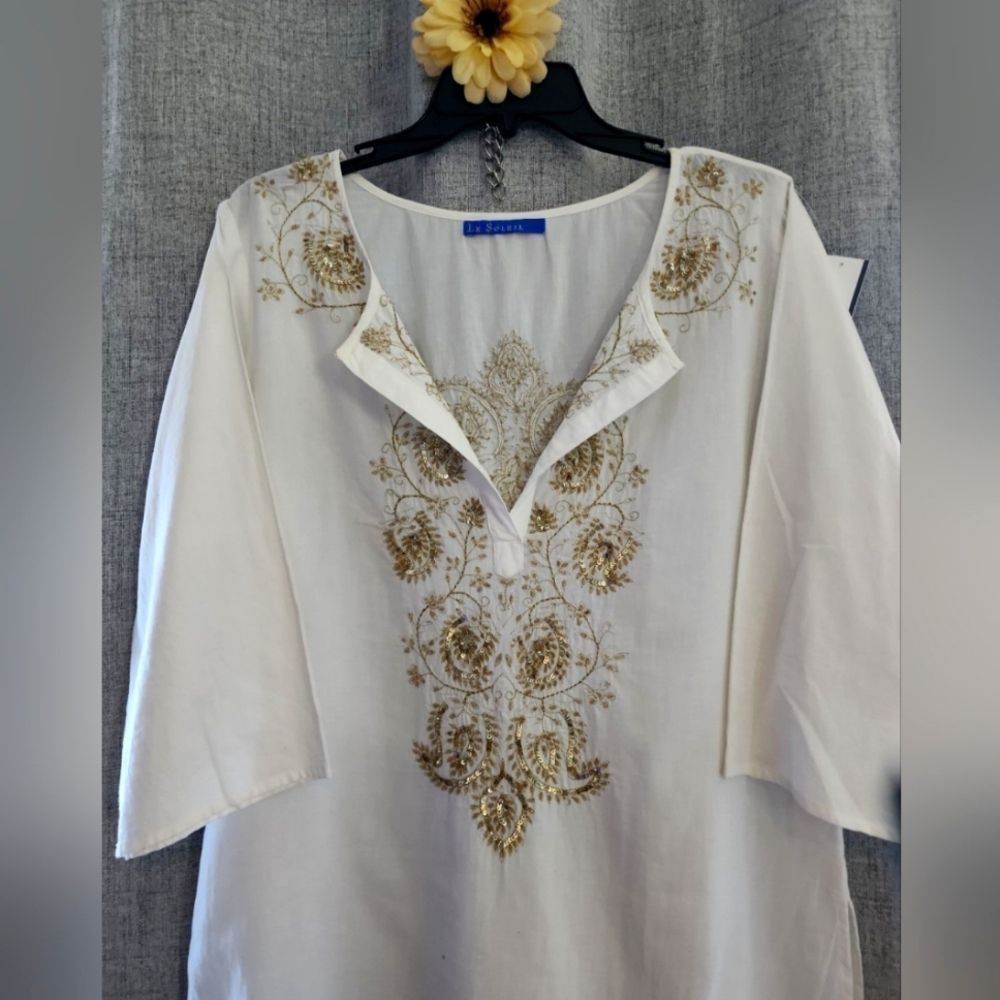 Swimsuit Coverup  Le Soleil 100% cotton top gold sequence embroidery